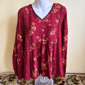 Maurices Floral V-Neck Burgundy Blouse